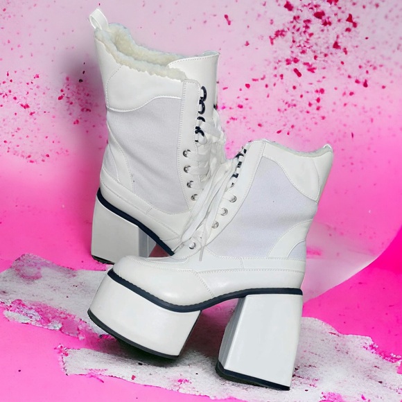 Jalisco White Chunky Heel Platform Combat Ankle Boots - Picture 2 of 5